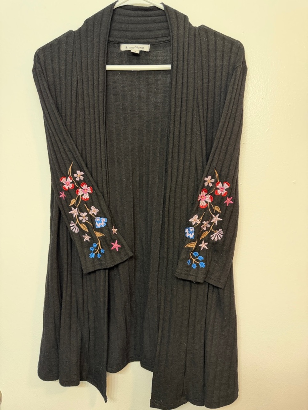 Studio Works Black Ribbed Open Cardigan with Floral Sleeve Embroidery